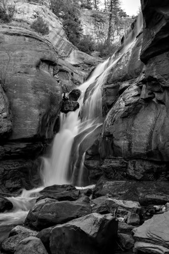 long exposure colorado rocky mountain waterfall black and white