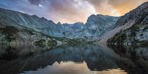 Panoramic view of Lake Isabelle and Indian Peaks Wilderness mountains at sunset by James DeWalt Photography